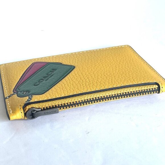 Coach Zip Card Case Wallet Mens Yellow Pebbled Leather Slim Trompe L'oeil CH130 - Picture 3 of 6